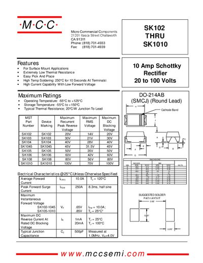 M-C-C SK102‑SK1010 Schottky Diode Datasheet - cover page