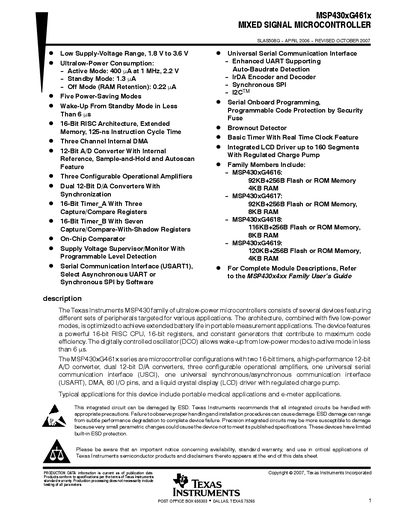 Texas Instruments MSP430xG461x Mixed Signal Microcontroller Handbook - cover page