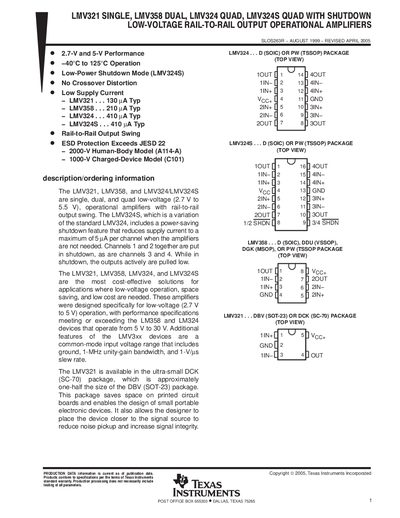 Texas Instruments LMV321 Operational Amplifier Data Sheet - cover page
