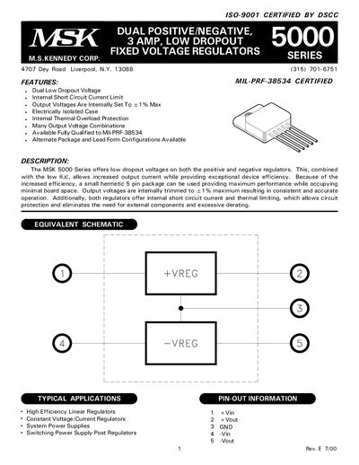 M.S. Kennedy MSK 5000 Series Dual Positive/Negative Regulator Datasheet - cover page