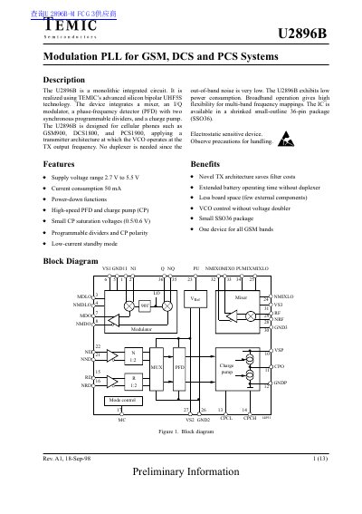 TEMIC U2896B Modulation PLL Datasheet - cover page
