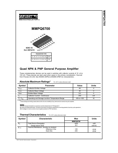 Fairchild MMPQ6700 Quad NPN & PNP General Purpose Amplifier Datasheet - cover page