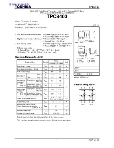 Toshiba TPC8403 FET Datasheet - cover page