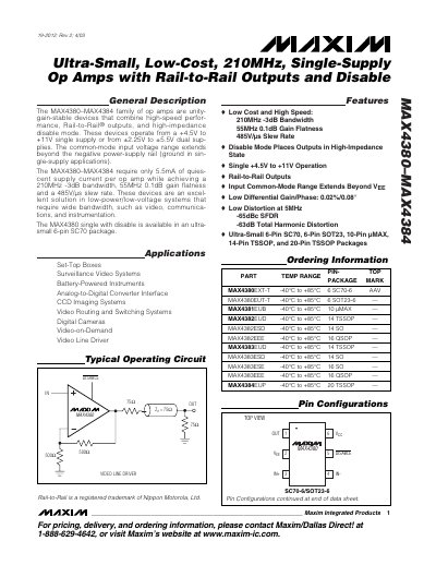 Maxim MAX4380–MAX4384 Ultra‑Small Low‑Cost 210 MHz Single‑Supply Op Amp Datasheet - cover page