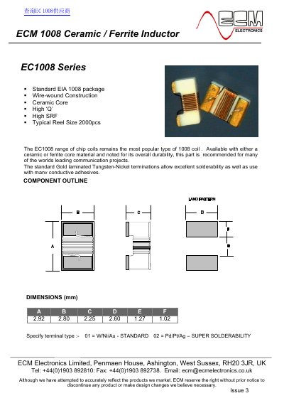 ECM ECM 1008 Ceramic/Ferrite Inductor Datasheet - cover page