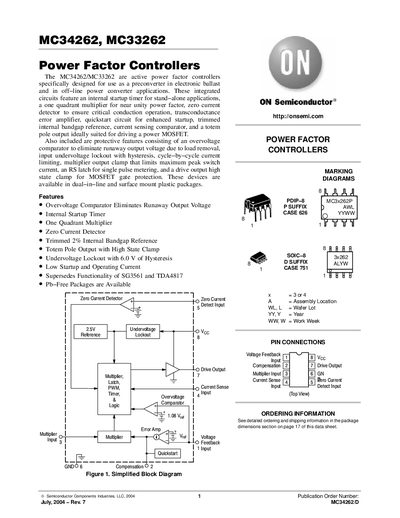 ON Semiconductor MC34262/DMC34262 MC33262 Power Factor Controller Datasheet - cover page