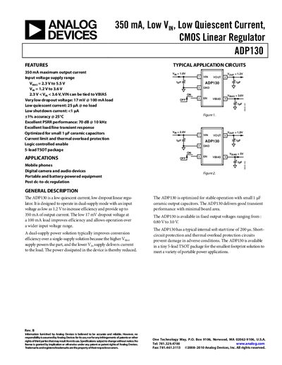 Analog Devices ADP130 Linear Regulator Datasheet - cover page