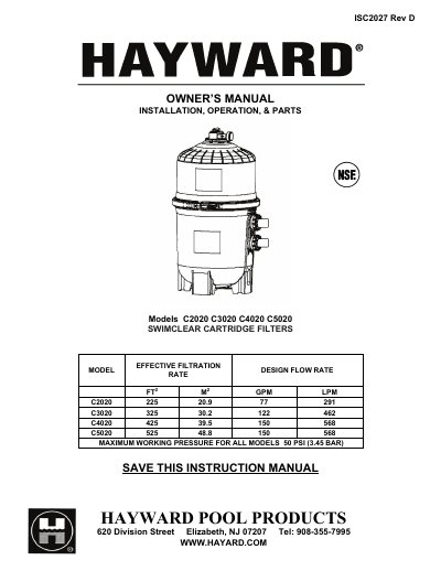 Hayward SwimClear Cartridge Filter C2020/C3020/C4020/C5020 User Manual