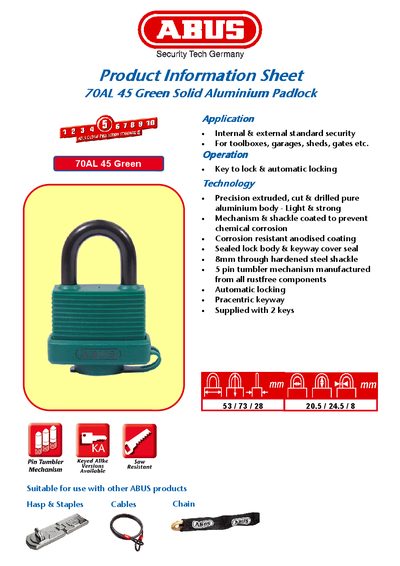 ABUS Product Information Sheet 70AL 45 Green Solid Aluminium Padlock Manual - cover page