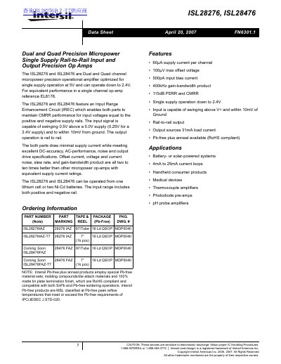 Intersil ISL28276/ISL28476 Dual and Quad Precision Op Amps Datasheet