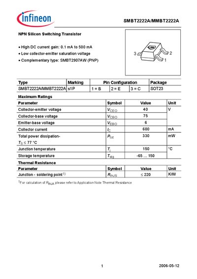 Infineon SMBT2222A/MMBT2222A NPN Silicon Switching Transistor Datasheet - cover page