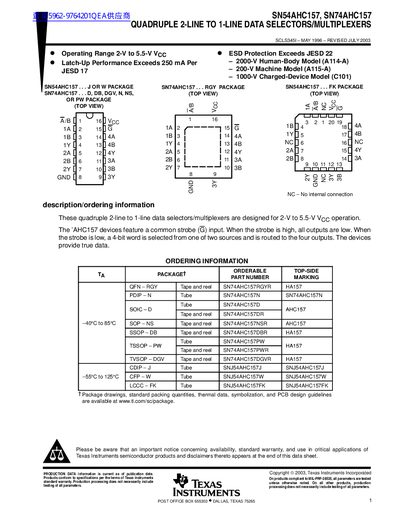 Texas Instruments SN54AHC157, SN74AHC157 Quadruple 2-Line to 1-Line Data Selectors/Multiplexers Datasheet - cover page