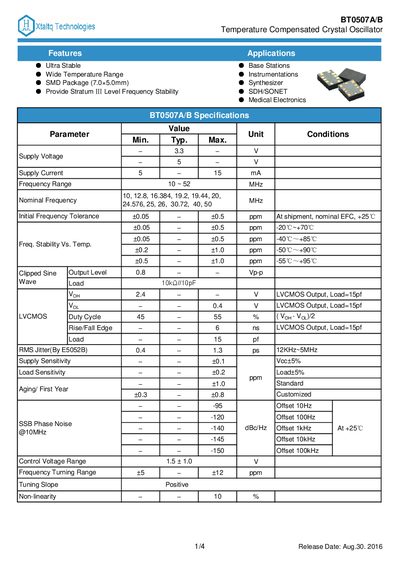 Xtaltq BT0507A/B Temperature Compensated Crystal Oscillator Datasheet - cover page