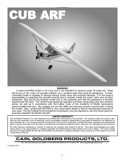 Carl Goldberg Products Cub ARF Radio-Controlled Aircraft Assembly and Operation Manual - cover page