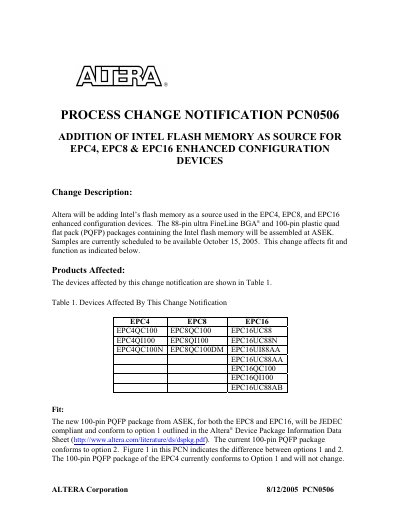 Altera PCN0506 Process Change Notification for EPC4/EPC8/EPC16 Devices - cover page