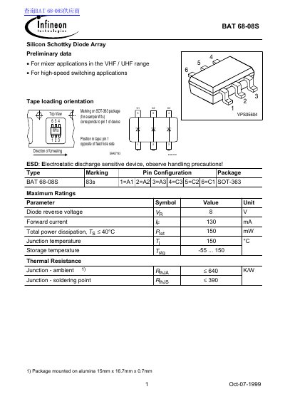 Infineon BAT 68-08S Silicon Schottky Diode Array Preliminary Data - cover page