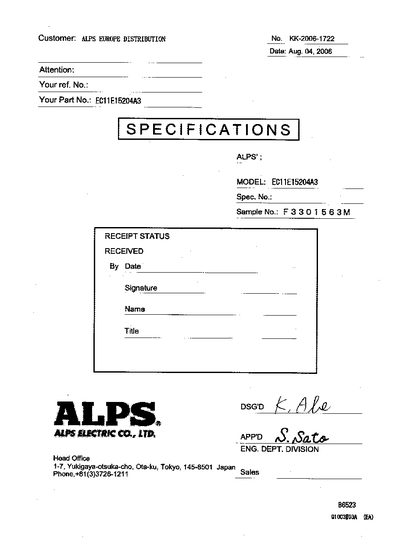 ALPS EC11E15204A3 Rotary Encoder Specifications Handbook - cover page