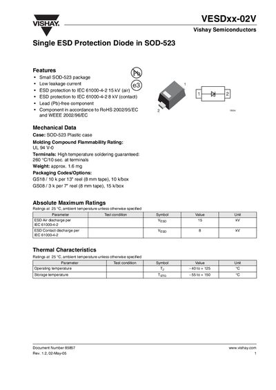 Vishay VESDxx-02V Single ESD Protection Diode SOD-523 Datasheet - cover page