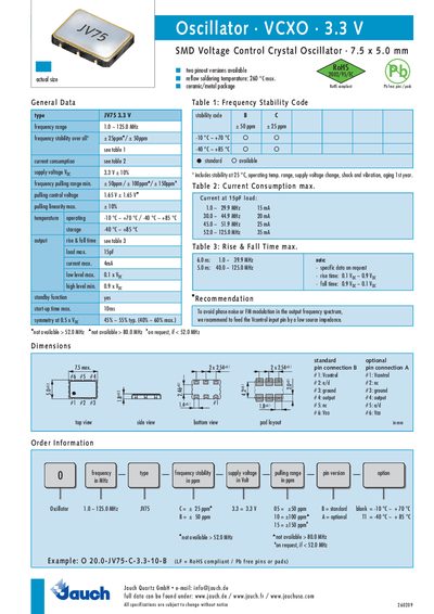 Jauch JV75 VCXO Oscillator Datasheet - cover page
