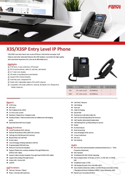 Fanvil X3S/X3SP Entry-Level IP Phone Product Specification Sheet - cover page
