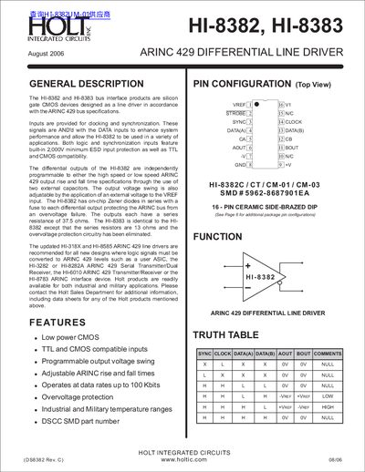HOLT HI-8382 HI-8383 ARINC 429 DIFFERENTIAL LINE DRIVER - cover page