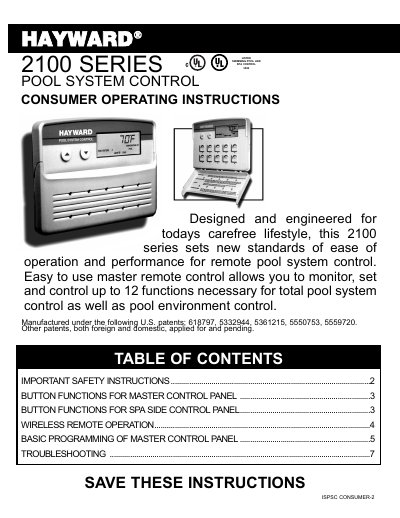 Hayward 2100 Series Pool System Control Consumer Operating Instructions - cover page