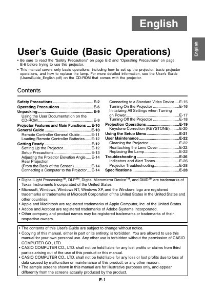 CASIO XJ-360 Projector User's Guide (Basic Operations) - cover page