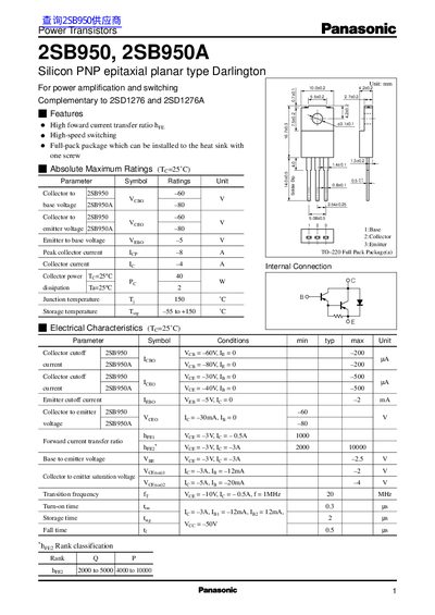 Panasonic 2SB950/2SB950A Silicon PNP Darlington Power Transistor Datasheet - cover page