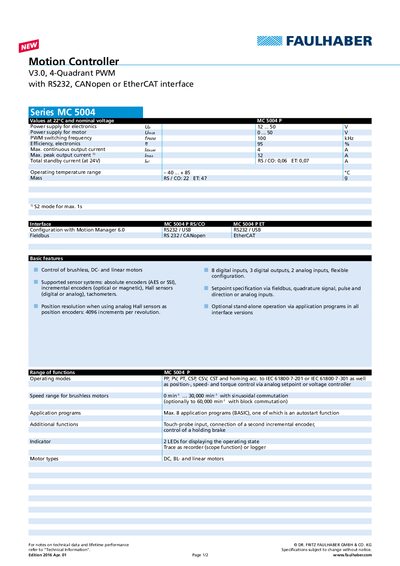 Faulhaber MC 5004, MC 5005, MC 5010, MCDC 3002 Motion Controller Technical Manual - cover page
