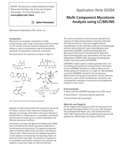 Agilent 320-MS Multi Component Mycotoxin Analysis Application Note - cover page