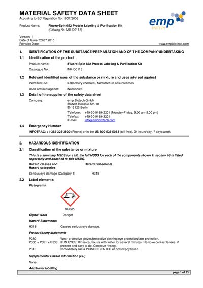 emp Biotech Fluoro•Spin 652 Kit MK-D0118 Material Safety Data Sheet - cover page