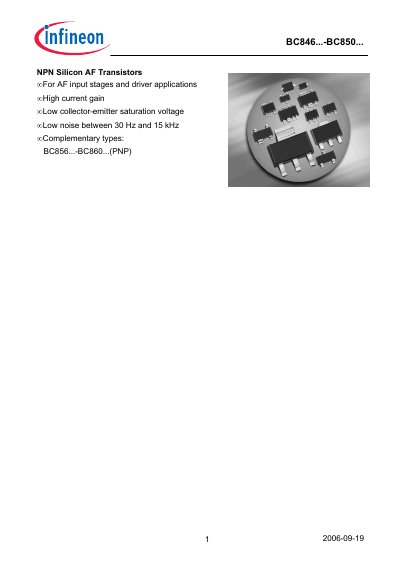 Infineon BC846-BC850 NPN Silicon Transistor Datasheet - cover page
