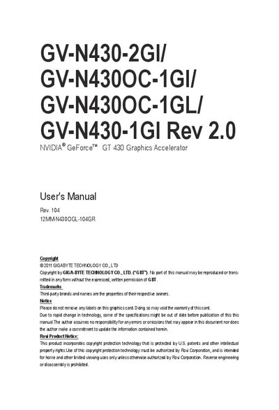 GIGABYTE GV-N430-2GI/ GV-N430OC-1GI/ GV-N430OC-1GL/ GV-N430-1GI Rev 2.0 NVIDIA GeForce GT 430 Graphics Accelerator - cover page