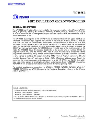 Winbond W78958B 8-BIT EMULATION MICROCONTROLLER Datasheet - cover page