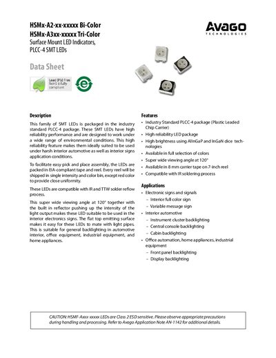 AVAGO TECHNOLOGIES HSMx-A2-xx-xxxxx Bi-Color HSMx-A3xx-xxxxx Tri-Color Surface Mount LED Indicators PLCC-4 SMT LEDs Data Sheet - cover page