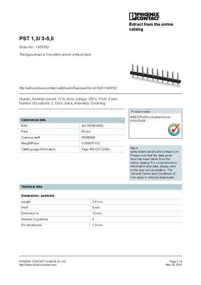 PHOENIX CONTACT -PST 1 3/ 3-5 0 Order No.: 1933192 The figure shows a 10-position version of the product handbook - cover page