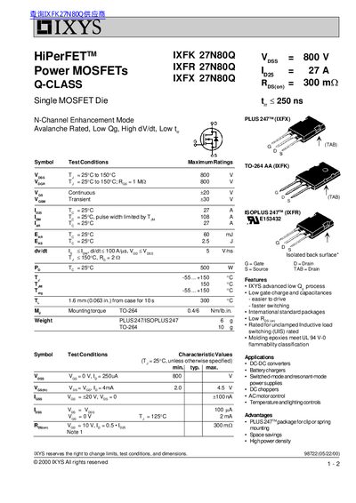 IXYS IXFK 27N80Q Power MOSFET Datasheet - cover page