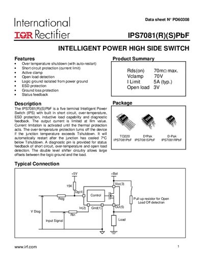 International Rectifier IPS7081(R)(S)PbF Intelligent Power High Side Switch Datasheet - cover page