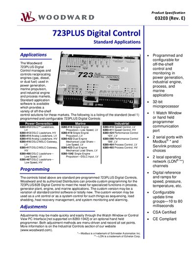 Woodward 723PLUS Digital Control Standard Applications - cover page