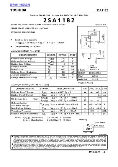 Toshiba 2SA1182 Silicon PNP Transistor Datasheet - cover page