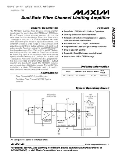 Maxim MAX3274 Dual-Rate Fibre Channel Limiting Amplifier Datasheet - cover page