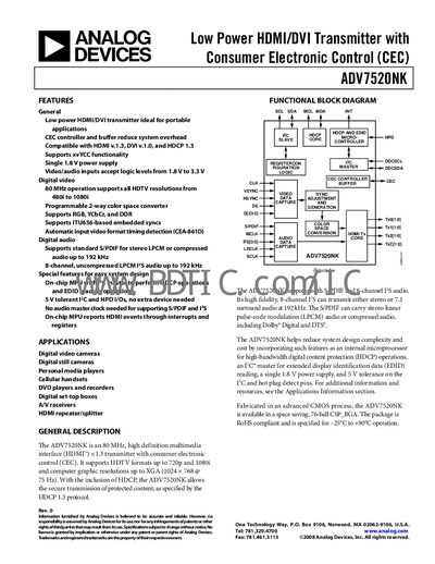 Analog Devices ADV7520NK Datasheet - cover page