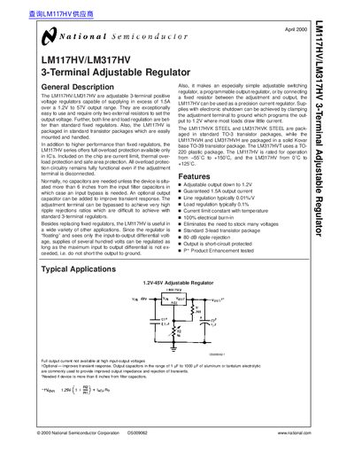 National Semiconductor LM117HV/LM317HV 3-Terminal Adjustable Regulator Datasheet