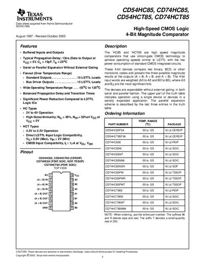 Texas Instruments CD54HC85 CD74HC85 CD54HCT85 CD74HCT85 4‑Bit Magnitude Comparator Datasheet - cover page