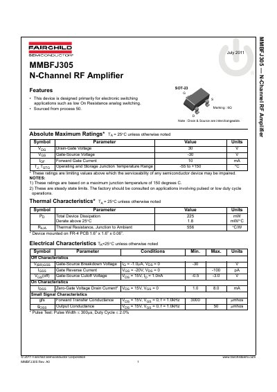 Fairchild Semiconductor MMBFJ305 N-Channel RF Amplifier Datasheet - cover page
