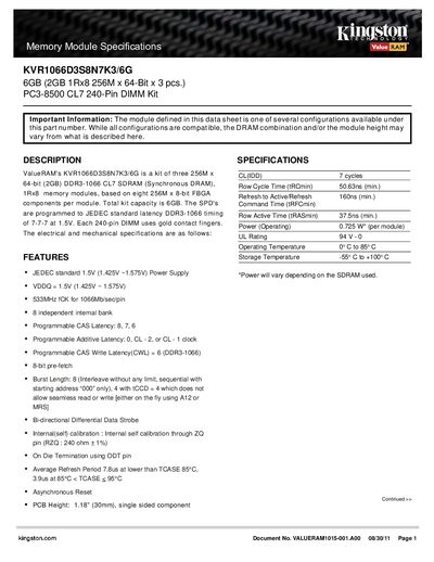 Kingston KVR1066D3S8N7K3/6G Memory Module Datasheet - cover page