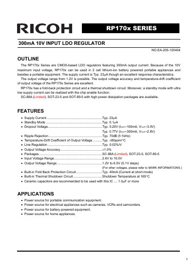 Ricoh RP170x Series 300mA 10V Input LDO Regulator Datasheet - cover page