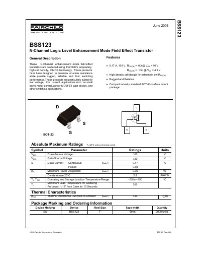 Fairchild BSS123 N-Channel Enhancement Mode FET Datasheet - cover page
