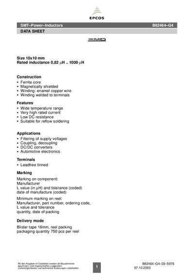 EPCOS B82464-G4 SMT Power Inductor Datasheet - cover page