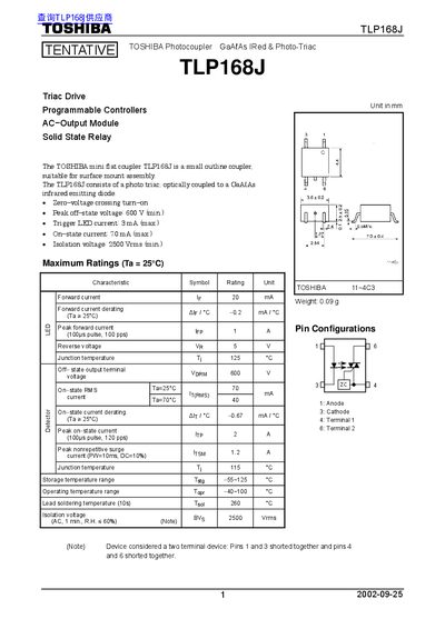 Toshiba TLP168J Photocoupler Datasheet - cover page
